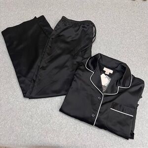 Cabernet Womens Satin 2 Piece Pajamas Set Black White Piping Size Medium NWT